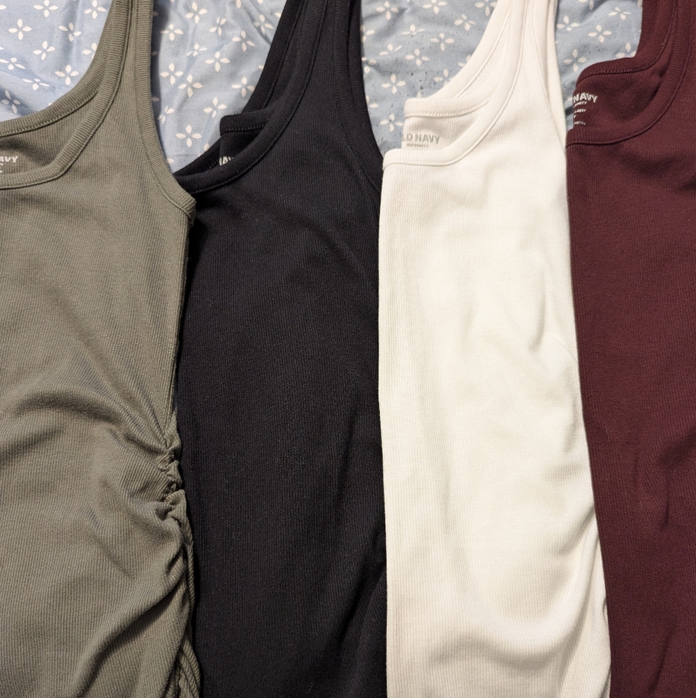 Old Navy Tank Tops in Olive, Black, White, and Burgundy